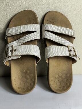 Vionic Podiatrist 9W White Tan Slide Sandals Arch Support